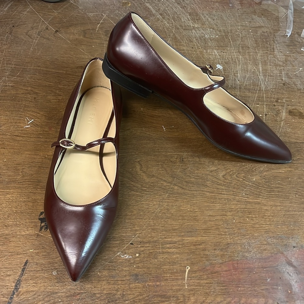 M. Gemi Burgundy Leather Pointed Mary Jane Flats - Picture 2 of 8